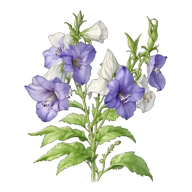 Vector modern bicolor canterbury bells campanula old engraved vector flower