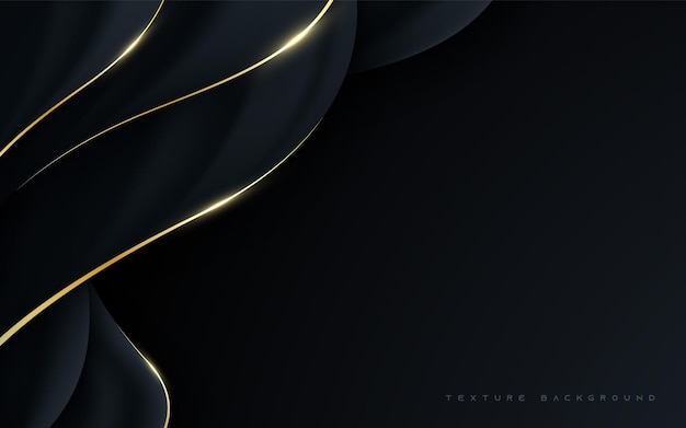 Modern black background with wavy dimension layers and gold line sparkling light