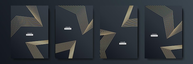 Modern black cover design set. Luxury creative line pattern in premium colors: black, gold and white. Formal vector for notebook cover, business poster, brochure template, magazine layout