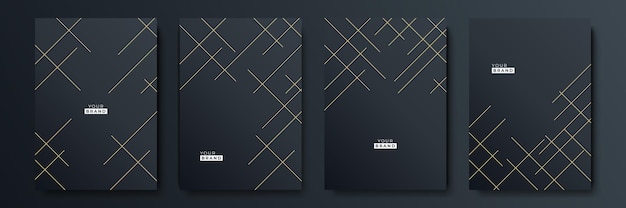 Modern black cover design set. Luxury creative line pattern in premium colors: black, gold and white. Formal vector for notebook cover, business poster, brochure template, magazine layout