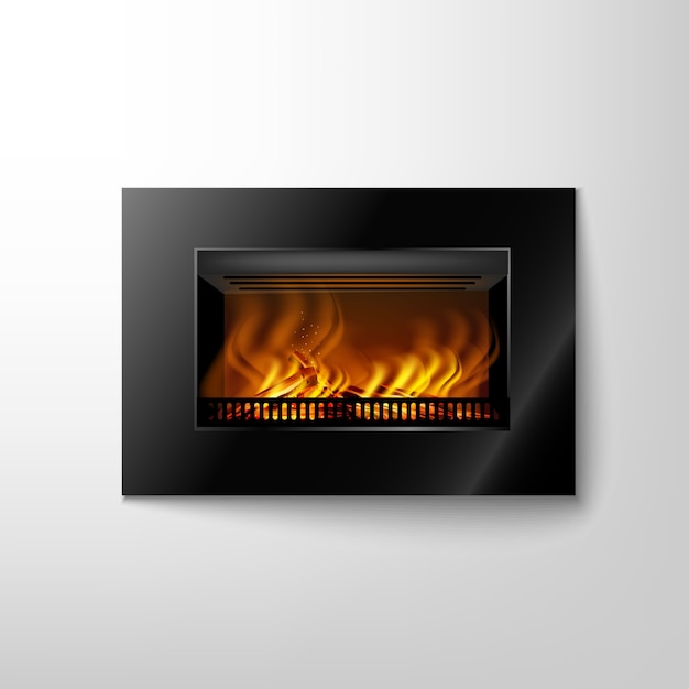 modern black electronic fireplace on a wall with a blazing fire for interior design in hitech style