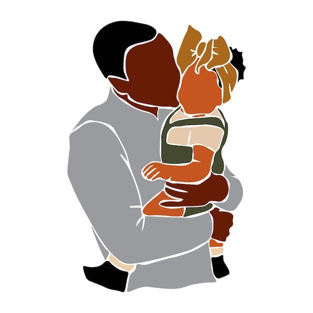 Modern black father carrying baby girl in elegant line art style vector