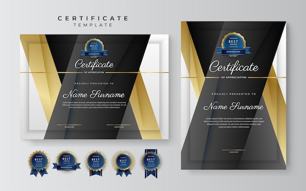 Modern black and gold certificate of achievement border template with luxury badge and modern line pattern For award business and education needs