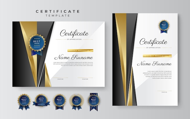 Modern black and gold certificate of achievement border template with luxury badge and modern line pattern For award business and education needs