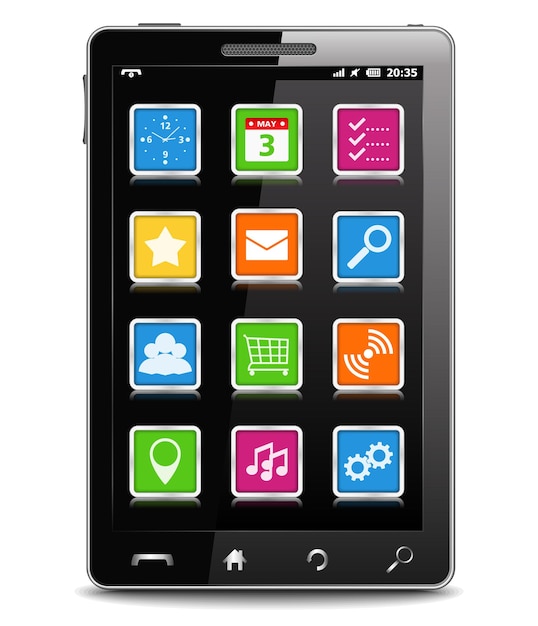 Modern black mobile phone with square icons on the screen