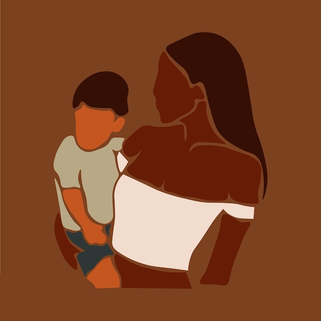 Modern black mother carrying baby boy in elegant line art style vector