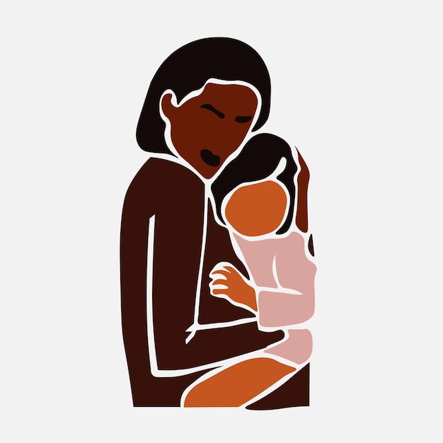 Modern black mother carrying baby girl in elegant line art style vector