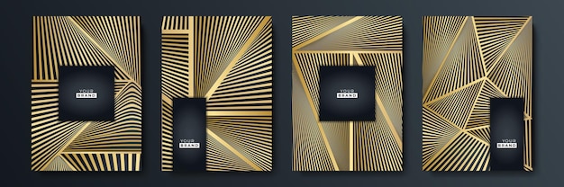 Modern black stripe cover design set. Luxury creative gold dynamic diagonal line pattern. Formal premium vector background for business brochure, poster, notebook, menu template