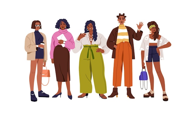 Modern black women, group portrait. Happy African-American female characters in fashion clothes, standing together in row. Girls community. Flat vector illustration isolated on white background