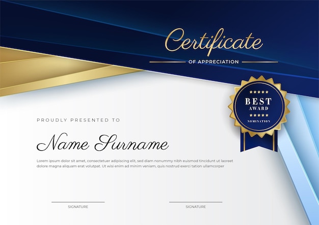 Modern blue certificate template and border for award diploma honor achievement graduation and printing