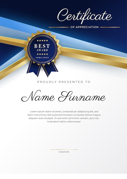 Modern blue certificate template and border for award diploma honor achievement graduation and printing