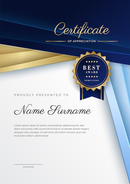 Modern blue certificate template and border for award diploma honor achievement graduation and printing