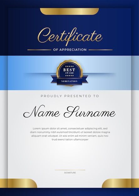 Modern blue certificate template and border for award diploma honor achievement graduation and printing