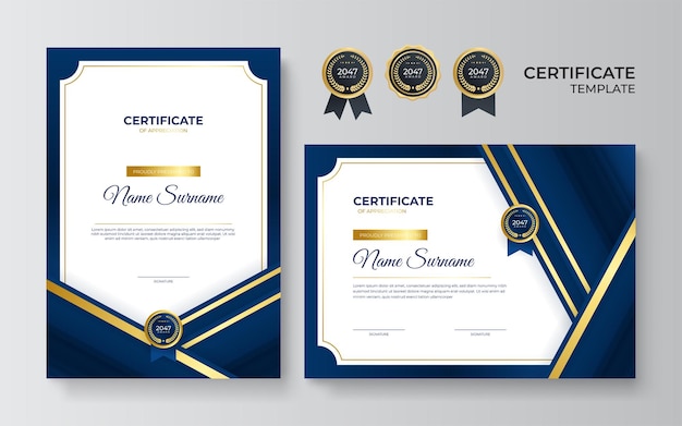 Modern blue certificate template and border for award diploma and printing Blue and gold elegant certificate of achievement template with gold badge and border