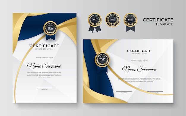 Modern blue certificate template and border for award diploma and printing Blue and gold elegant certificate of achievement template with gold badge and border