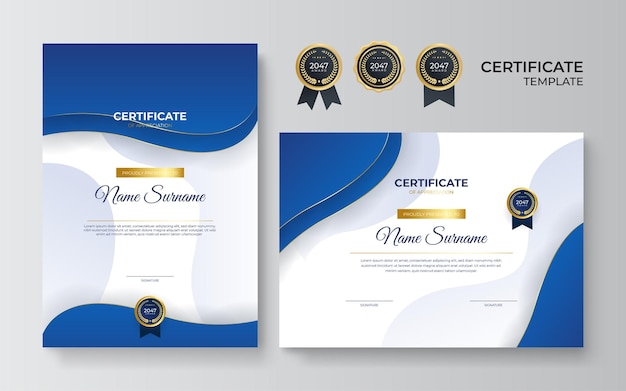 Modern blue certificate template and border for award diploma and printing Modern employee blue certificate design template