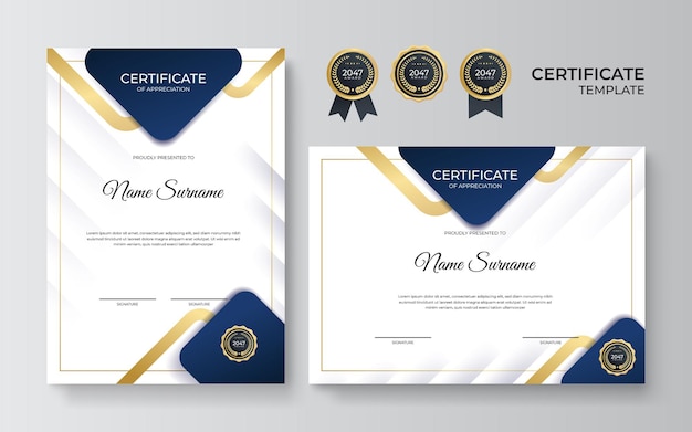 Modern blue and gold certificate template. Diploma certificate border template set with badges for award, business, and education