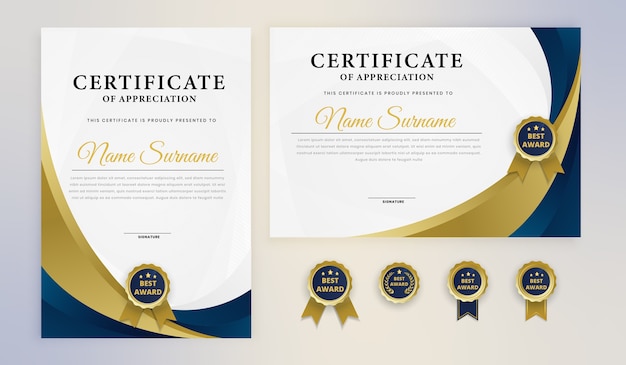 Modern Blue Gold Elegant Award Certificate with badges