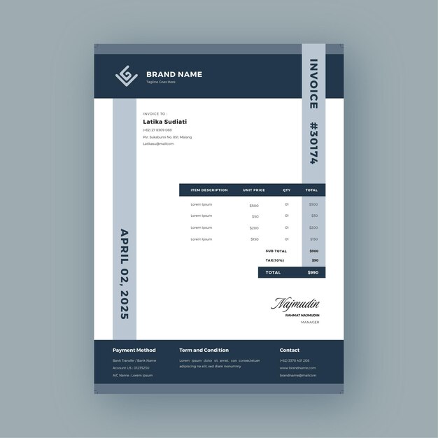 Modern blue invoice elegant a4 print template