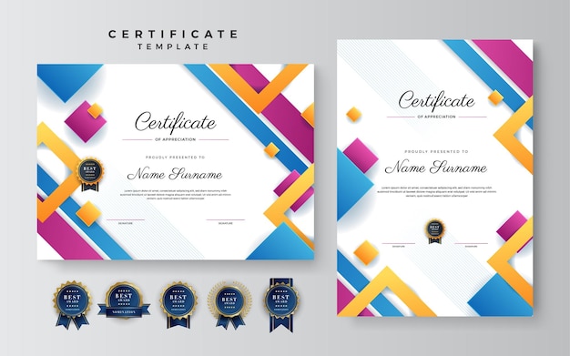 Modern blue orange pink black colorful certificate of achievement template with gold badge and border