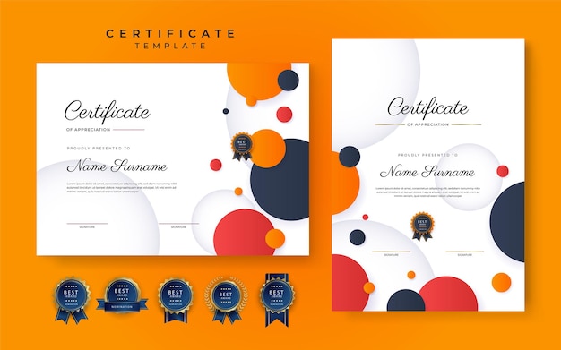 Modern blue orange red certificate of achievement border template with luxury badge and modern line pattern For award business and education needs