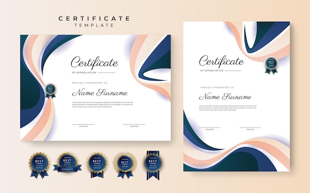 Modern blue pink certificate of achievement border template with luxury badge and modern line pattern For award business and education needs