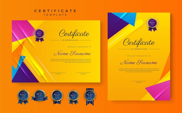 Modern blue pink orange certificate of achievement border template with luxury badge and modern line pattern For award business and education needs