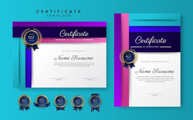 Modern blue pink purple certificate of achievement border template with luxury badge and modern line pattern For award business and education needs