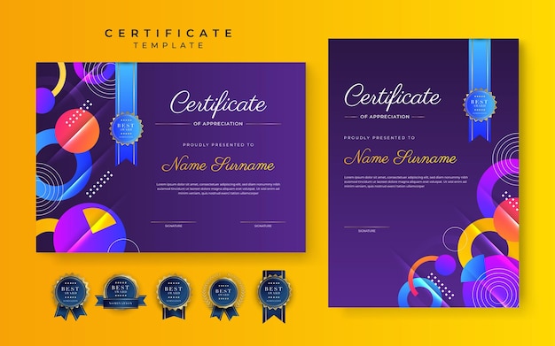 Modern blue purple yellow certificate of achievement border template with luxury badge and modern line pattern For award business and education needs