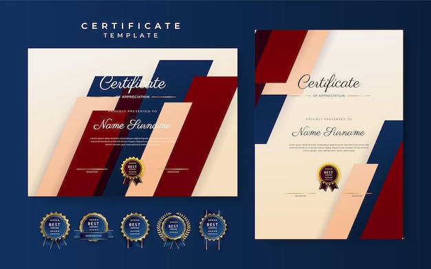 Modern blue red certificate of achievement border template with luxury badge and modern line pattern For award business and education needs