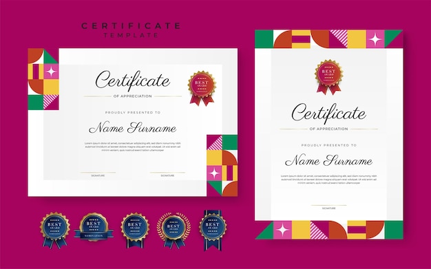 Modern blue red orange green certificate of achievement border template with luxury badge and modern line pattern For award business and education needs