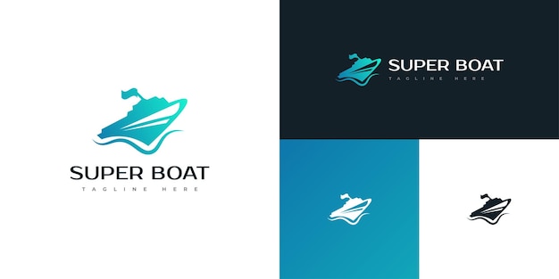 Modern Blue Speed Boat Logo Design with Flag Cruise Ship or Yacht Logo