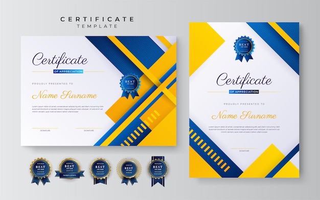 Modern blue and yellow certificate of achievement award template with badge and border for business and corporate