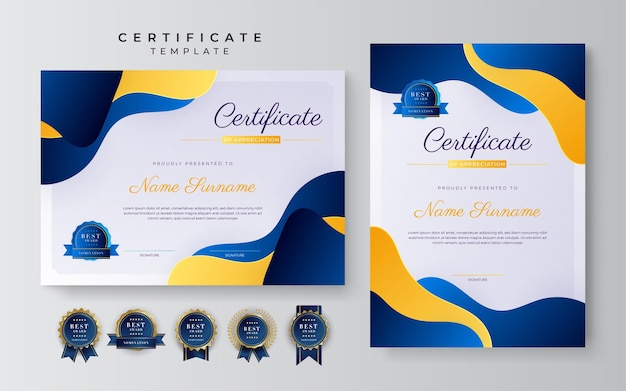 Modern blue and yellow certificate of achievement award template with badge and border for business and corporate