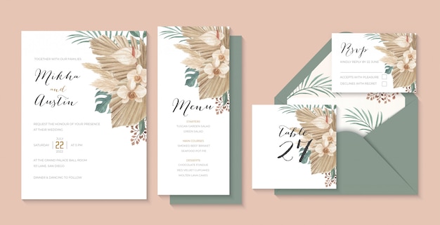 Modern bohemian tropical wedding invitations set with dried palm, pampas grass, monstera, calla lily and orchid