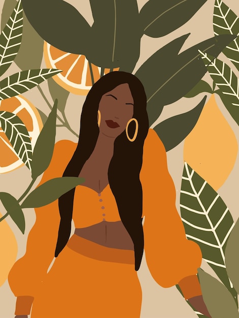 Modern boho fashion poster with black woman tropical leaves exotic fruit