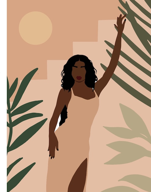 Modern boho minimalist poster with Afroamerican fashion woman and tropical leaves