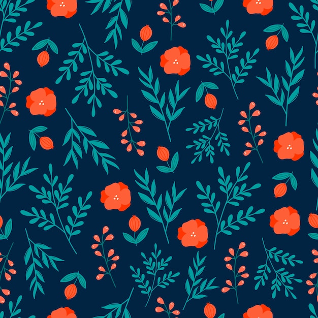 Modern botanical seamless pattern with red flowers,red beries and green leaves on dark blue background.