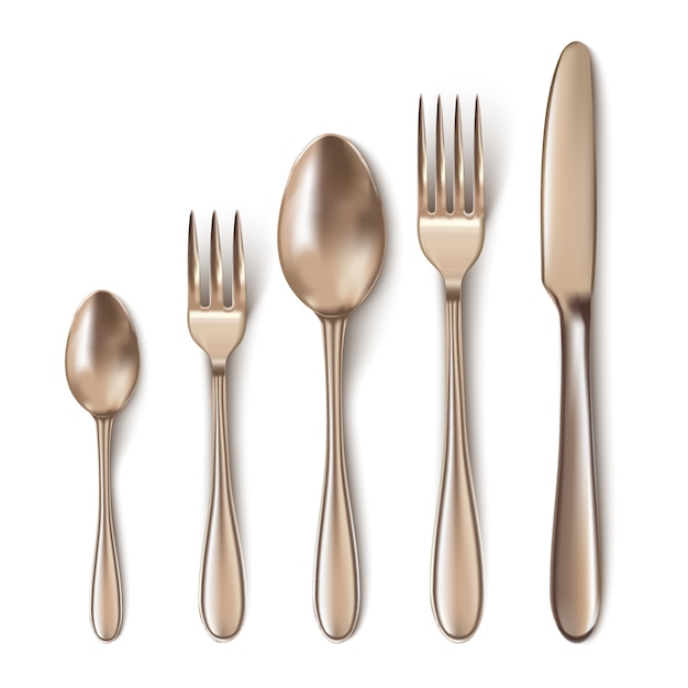 Modern bronze cutlery set with table knife, spoon, fork, tea spoon and fish spoon.