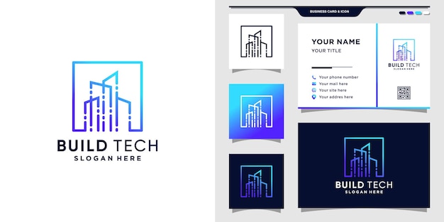 Modern building technology logo with line art style and business card design. Inspiration logo for construction technology Premium Vector