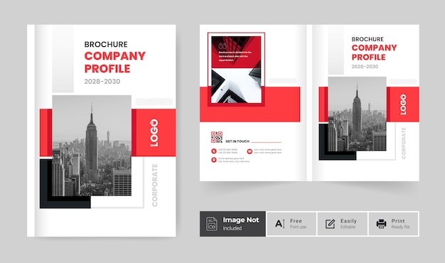 Modern business brochure cover design template or red color bifold company profile annual report