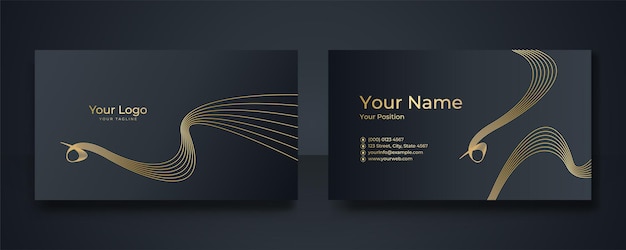 Modern Business Card - Creative and Clean Business Card Template. Luxury business card design template. Elegant dark back background with abstract golden wavy lines shiny. Vector illustration