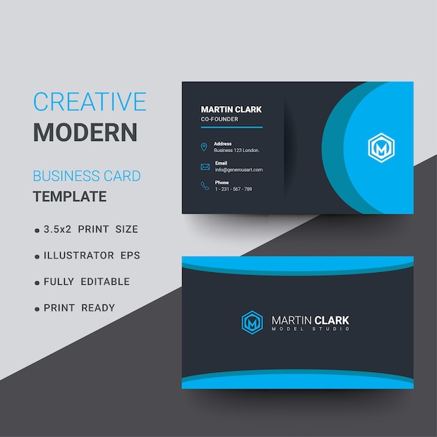 Modern business card with blue wavy shapes