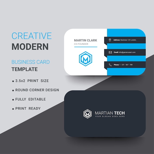 Modern business card with dark background and blue details