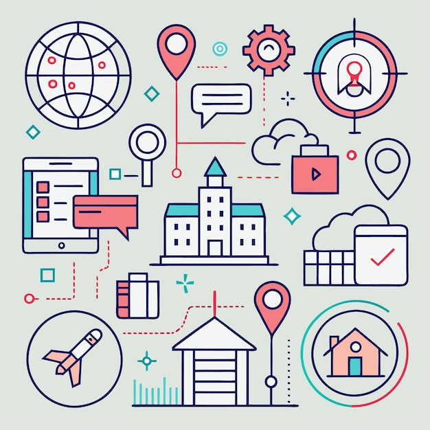 Modern business illustration with icons location pins and lines