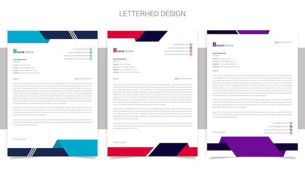 Modern Business Letterhead design vector template 3 color layout set,