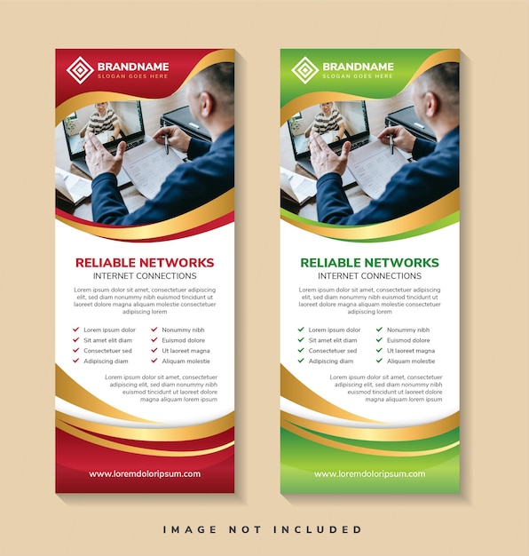 modern business roll up banner template for reliable networks. red, gold and blue colors banners