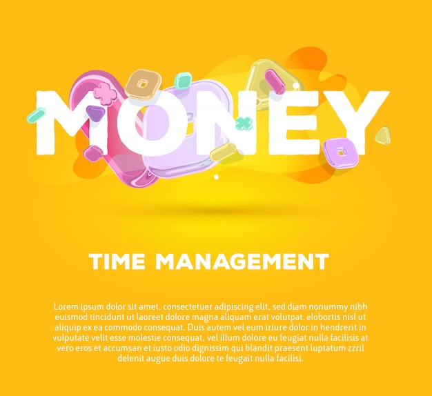  modern business template with bright crystal  elements and word money on yellow background with shadow, title and text.