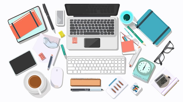 Vector modern business workplace with keyboard and various items