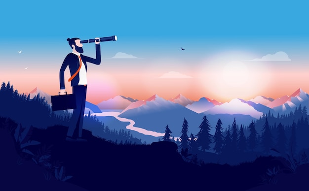 Vector modern businessman with binocular searching for opportunities